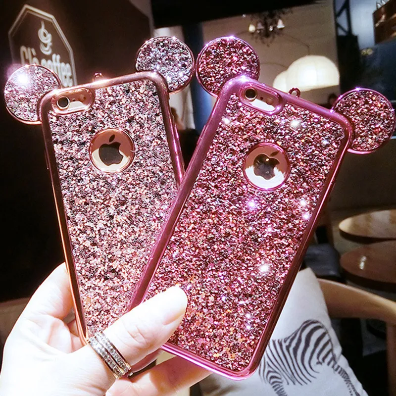 3D Bling Mouse Ear Case para iPhone 7 6 6S Plu 5 5S SE Funda de lujo con brillo de silicona suave para iPhone7