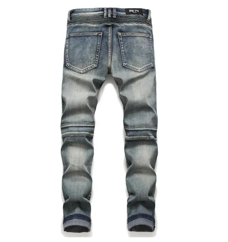 Heren Klassieke Biker Jeans Mannelijke Slanke Rechte Knie Drape Panel Moto Biker Jeans Vernietigd Ripped Stretch Hip Hop Broek273q