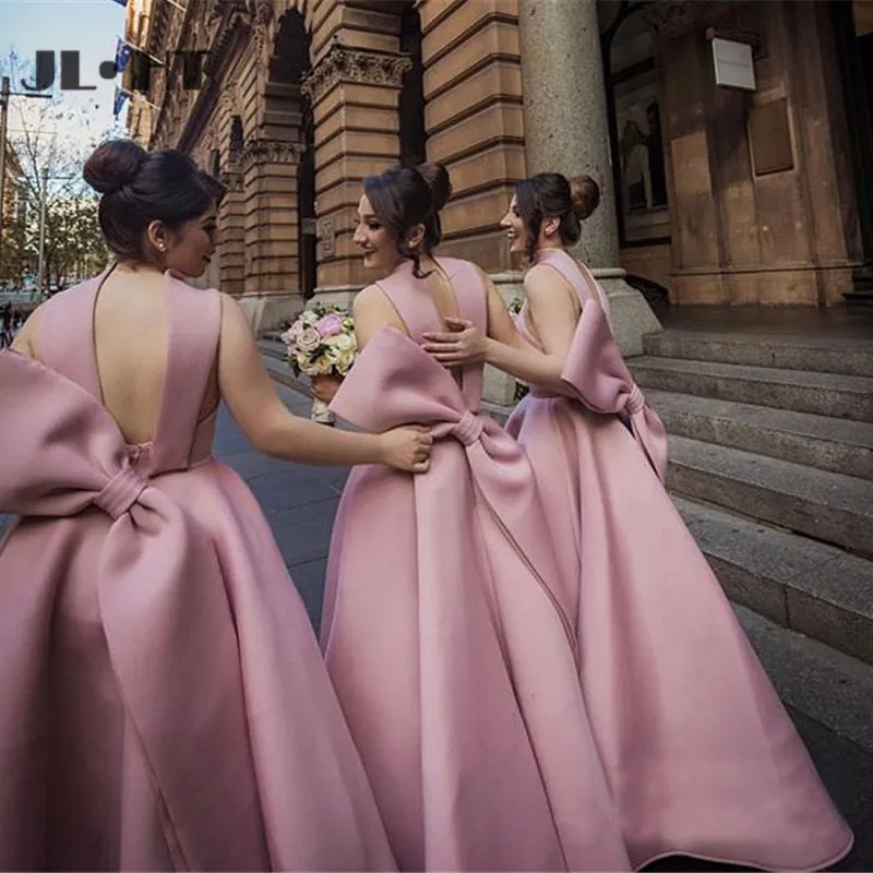 Beauty Pink African A Line Short Bridesmaids Dresses Long Bow Wedding Guest Party Dress Maid of Honors Bridesmaids Dress Custom Made