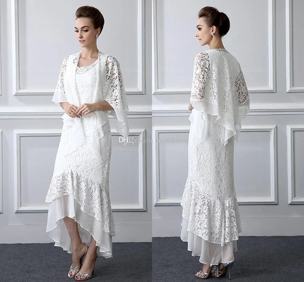 Ivory 2 Piece Mother Of The Bride Dresses Mermaid O neck Full Lace Guest Wedding Party Dress Long Sleeves Beaded Groom Mother Dresses For Wedding