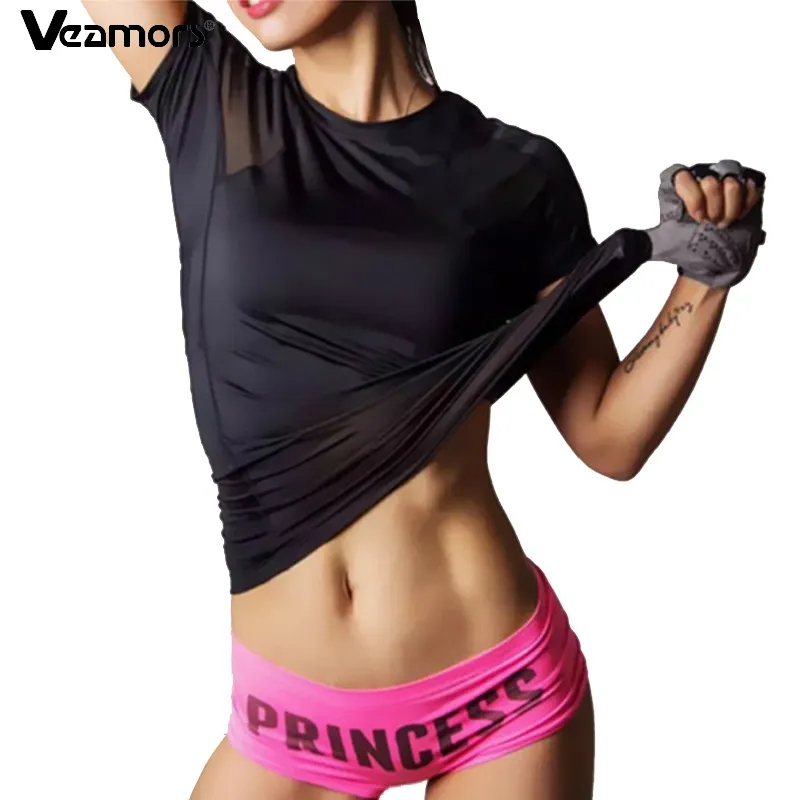 VEAMORS – T-Shirt de Sport à séchage rapide pour femmes, hauts à manches courtes pour la course à pied, chemises de Yoga, t-shirts serrés en maille noire Sexy pour femmes