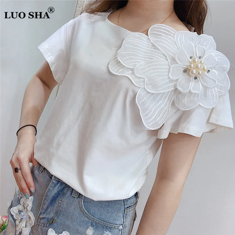 LUOSHA Women 2019 Summer 3D Flower Pear Beading Ruffles Sleeve Loose Cotton Tshirt And Tops Female Casual White Tshirts T200110