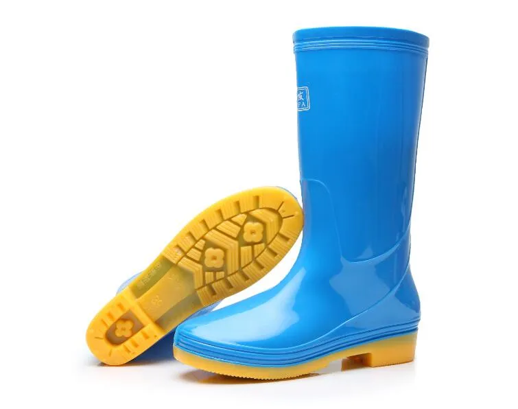 Hot Sale-PVC Hoge Regenlaarzen Anti-Slip Bodem slijtvaste Werk Regenlaarzen Twee-Color Rain Dames Slippery Schoenen Blauw