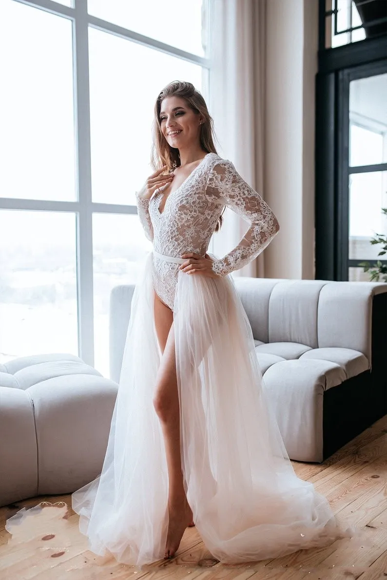 2019 New Two Piece Wedding Dresses With Detachable Train Long Sleeves Lace  Bodysuit V Neck Backless Applqiue Beach Bridal Gowns From Freedomlife,  $135.68