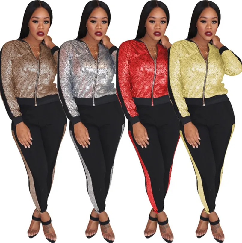 Plus size 3XL Women Sequins tracksuit outfits 2pcs set winter coat top+ pants casual outfits outdoor outerwear sweatsuits jogging suit 2376