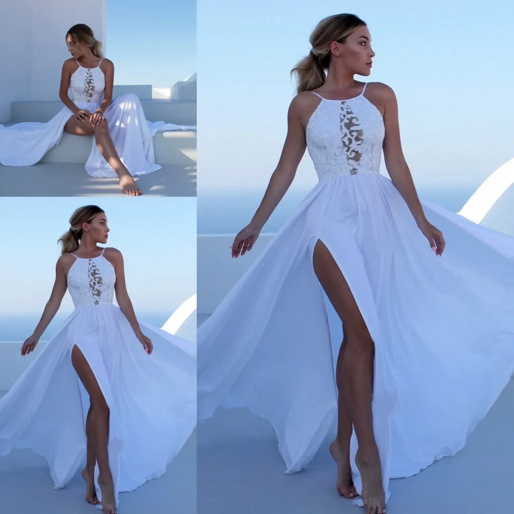 Abiti da sposa da spiaggia con spalline sottili Applicazioni in pizzo con spacchi laterali Abito da sposa in chiffon Abito da sposa sexy con schiena lunga fino al pavimento