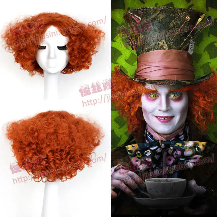 Alice Mad Hatter Party Hair wigs Short Curly Orange Color Men Movie Cosplay Wig