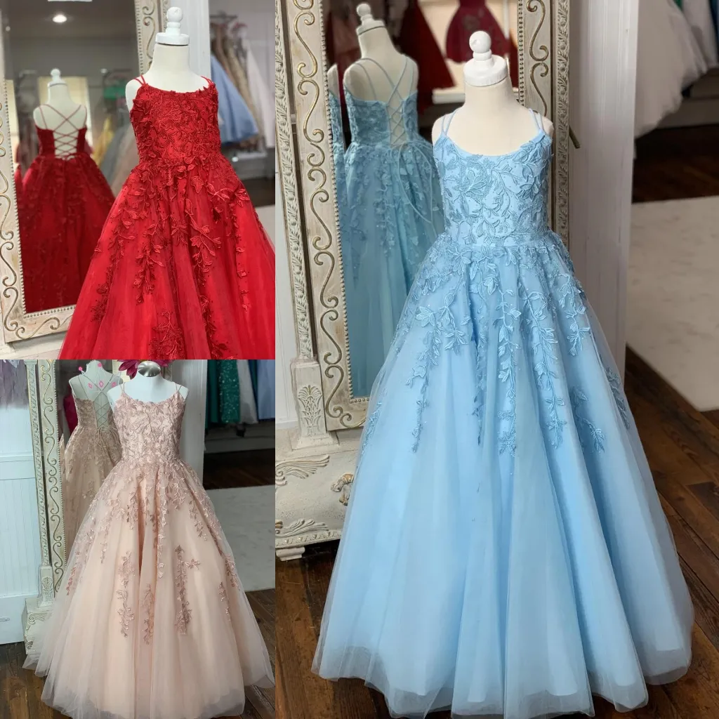 Erstkommunionkleid für kleine Mädchen 2019, berühmter Designer, A-Linie, Spaghetti, Rouge, Rot, Elfenbein, Kinderfestzugkleid, Spitze, langes Blumenmädchenkleid