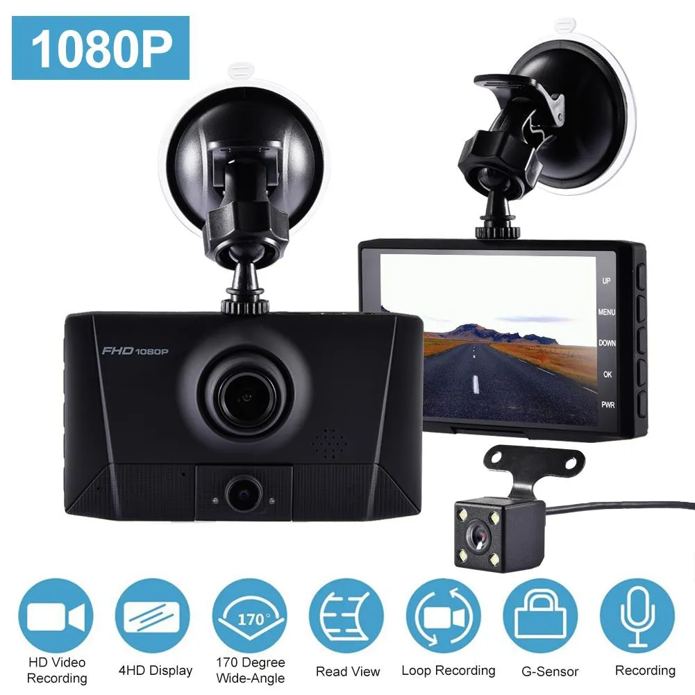 4inch Car DVR Three-lens 1080P HD Screen Driving Recorder Camera Dashcam for Cars Night Vision G-Sensor Dashcam 170 Degree Angle