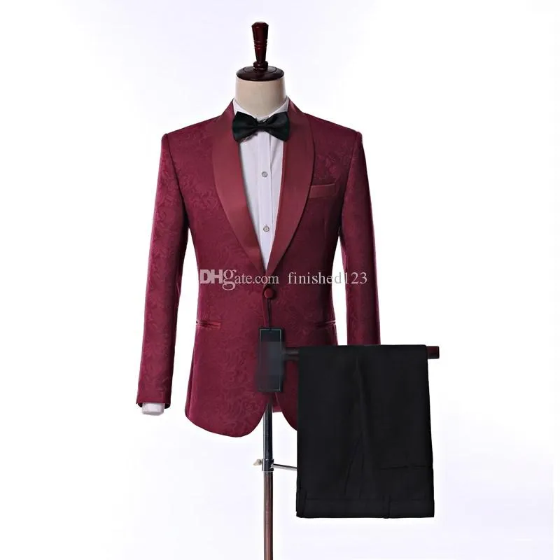 Real Picture Side Vent One Button Burgundy Paisley Groom Tuxedos Shawl Lapel Groomsmen Wedding Men Party Suits (Jacket+Pants+Tie) W11