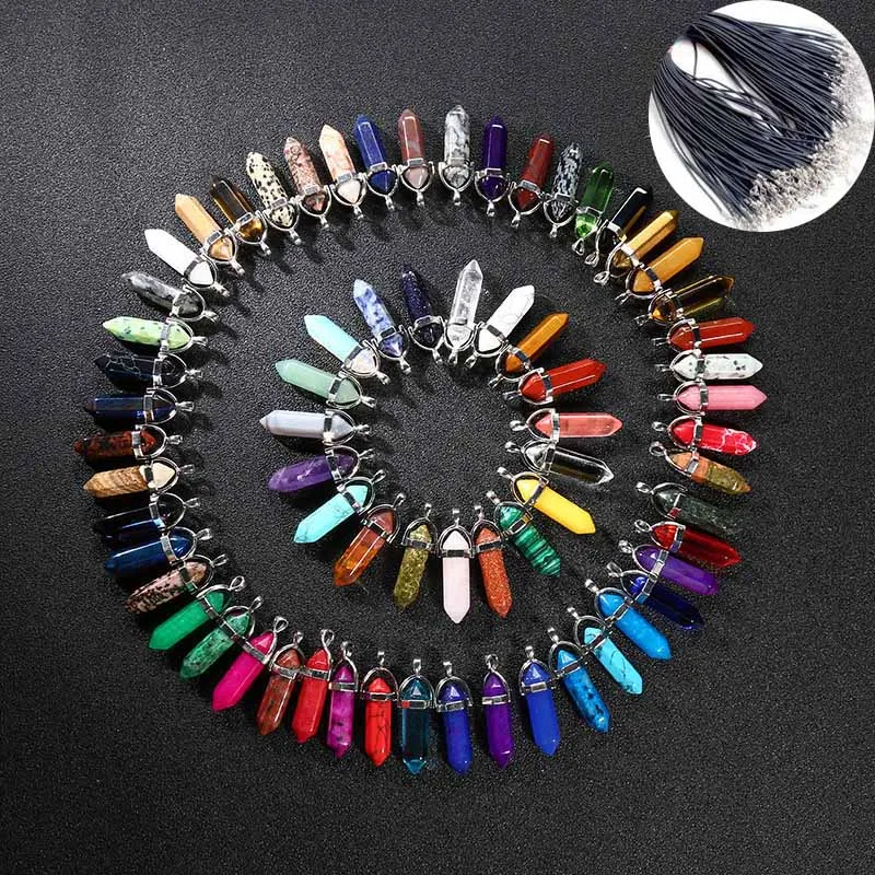 Natuursteen Ketting voor Vrouwen Mannen Hexagonal Prism Bullet Genezing Kristallen Quartz Bullet Point Chakra Hanger Lederen Touw Kettingen Sieraden