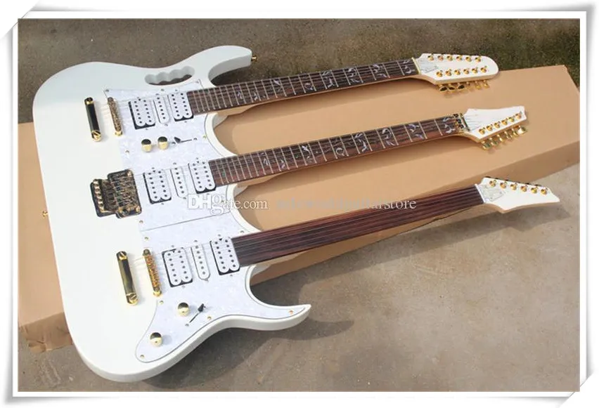 3 Necks White body Electric Guitar with Tremolo/Fixed Bridge,Golden Hardware,White Pearl Pickguard,can be customized