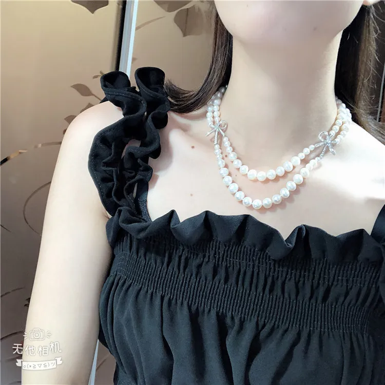 Collier de pull en perles d'eau douce blanches, noué à la main, 2 brins, 5-6-7-8-9mm, micro incrustation de zircon, accessoires, long 45-48cm
