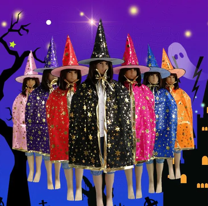 84cm Kids halloween costumes cloak hat baby gold five starts cape party festival decoration prop cosplay death wizard witch cape and cap