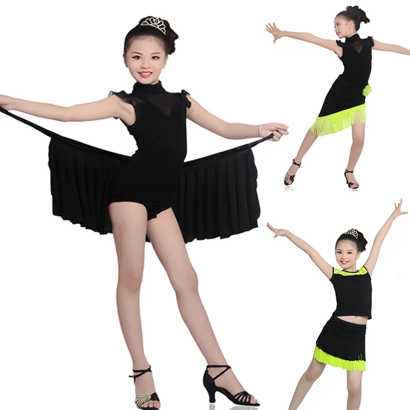 Girls kids black fringe latin dance dresses modern salsa dance