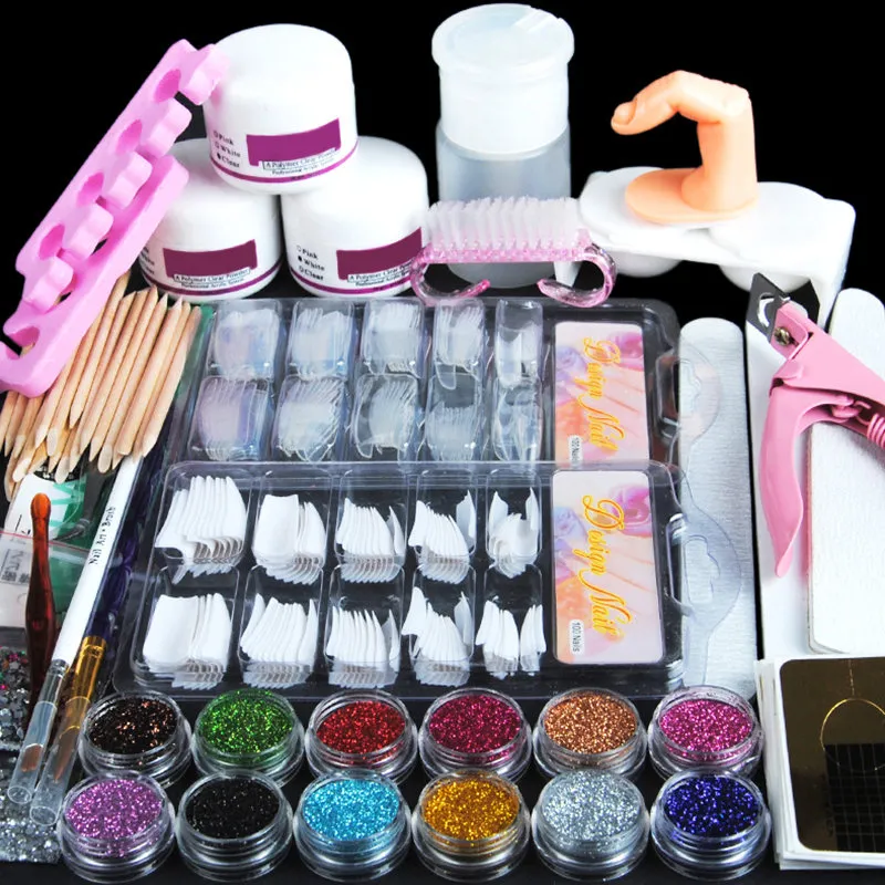 Acrylique Nail Art Kit Manucure Set 12 Couleurs Nail Glitter Poudre Décoration Acrylique Stylo Brosse Art Tool Kit Pour Débutants