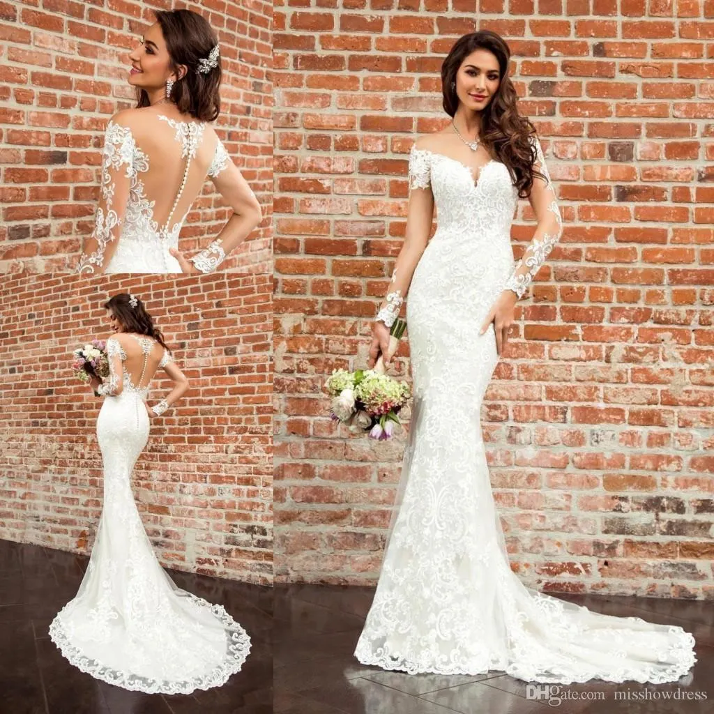 Elegant White Lace Mermaid Wedding Dresses Online With Sheer Long