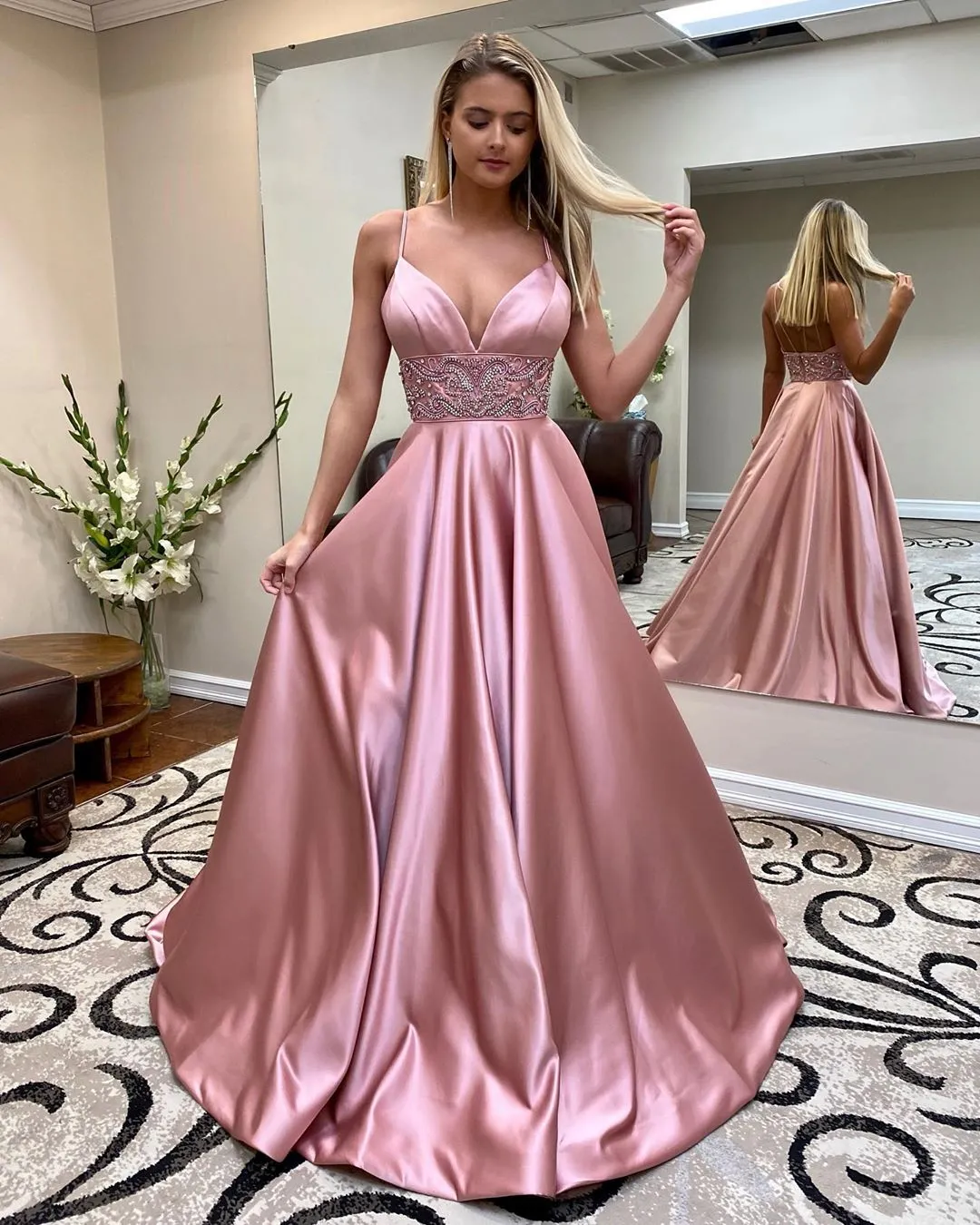 Plus Size Pink Beaded A Line Pink Satin Prom Dress With Spaghetti