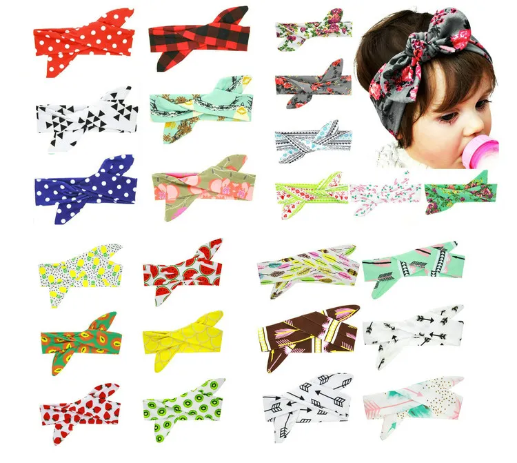 24 Style Mieszane DIY Wiązany Knot Baby Rabbit Ear Hair Bands Regulowany Bawełna Pałąk Kolorowe Drukowanie Topknot