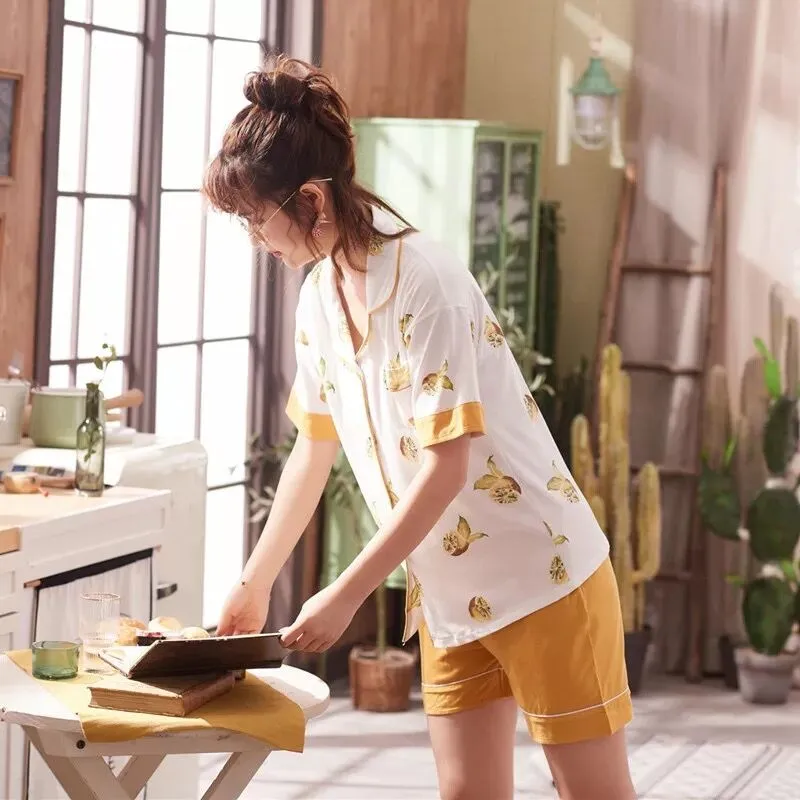 Atacado-verão jovem garota manga curta algodão simples fresco limão pijama bonito camisola casual casa serviço curto sleepwear