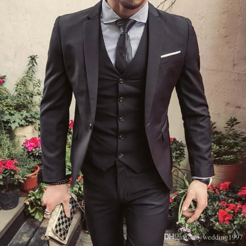 Preto Slim Fit Homens Sutis 2019 Notched Lapela Do Noivo Smoking para Festa de Casamento De Três Peças Mais Recente Projeto Jaqueta Casaco Calças Blazer