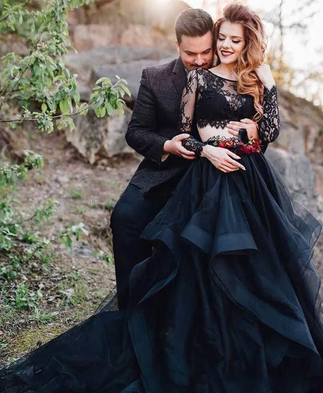 Schwarzes Gothic-Landhochzeitskleid, zweiteilig, langärmelig, Boho-Hochzeitskleider, Brautkleid, wunderschöne Roben de Mari￩e 2019, Vestidos de Novia