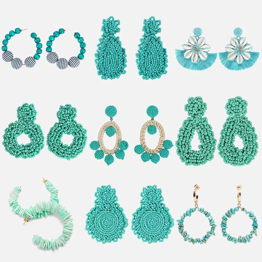 Dvacaman Bright Blue&Green Summer Statement Earrings Women Shell Beaded Rattan Knit Handmade Drop Earrings Stone Dangle