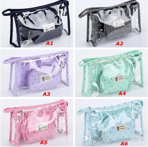 Fashion Waterproof Cosmetic Bag Women Portable Make Up Bag Dot Printed Travel Toiletry Bag Transparent Wash Bags 3Pcs/set Free Shipping
