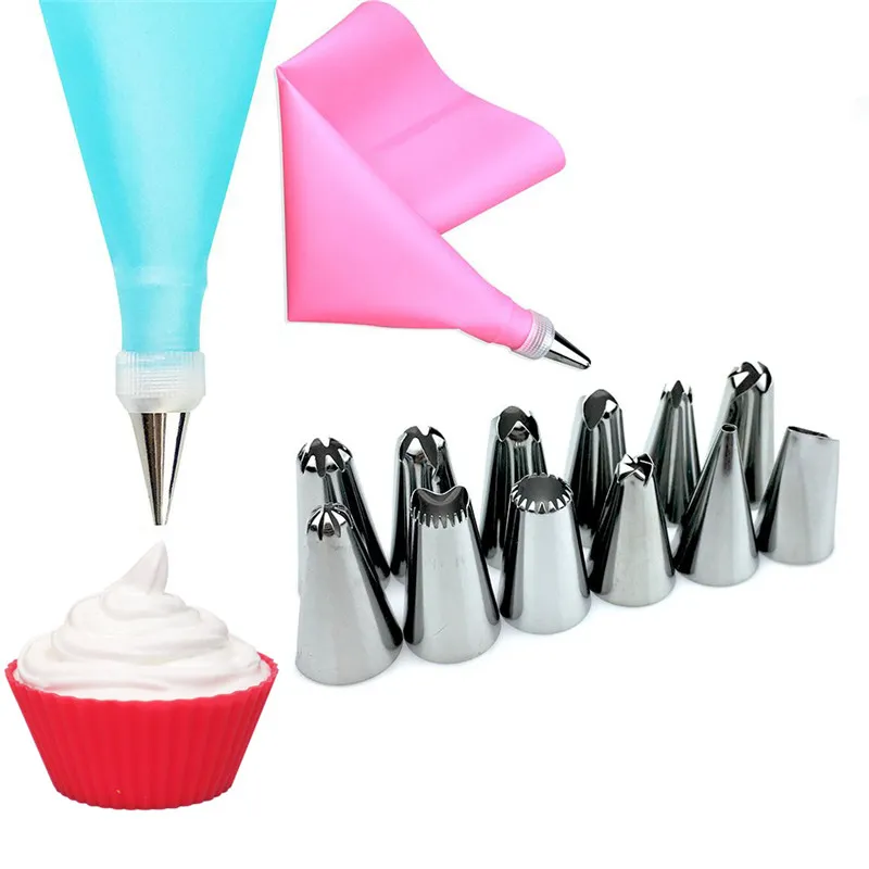 1Pc Silicone Icing Piping Cream Pastry Bag+12 Nozzles Set Cake Decorating Baking Tool with 1 Converter