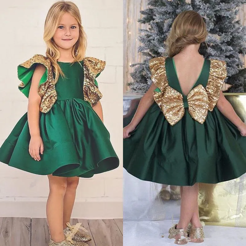 Verde escuro flor meninas vestidos com arco nó lantejoulas sem encosto cetim meninas pageant vestidos na altura do joelho sem mangas primeira comunhão desgaste