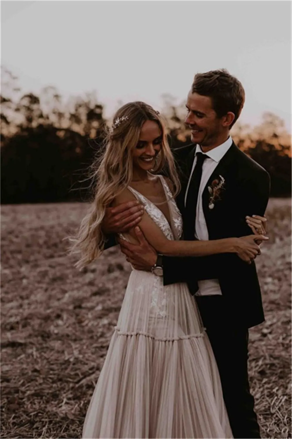 Elegant Deep V Neck Nude Champagne Lace Boho Beach Wedding Dress