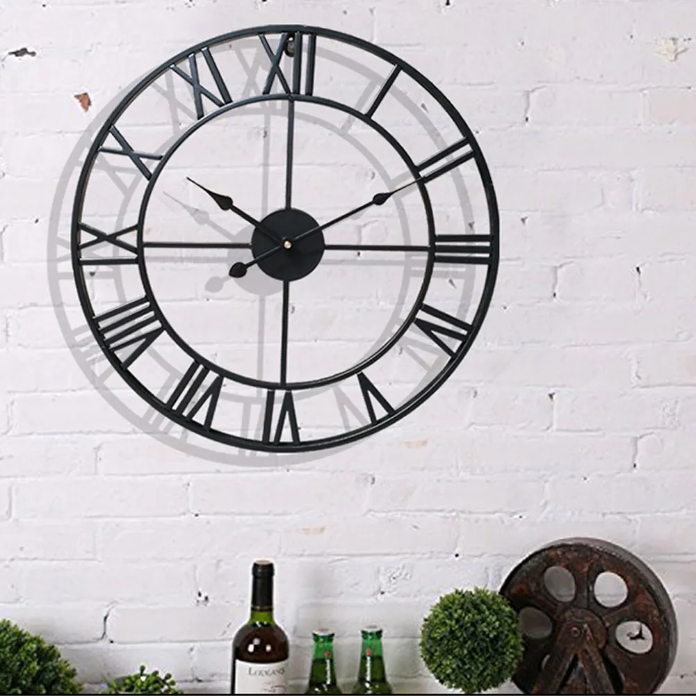 40 cm Nordic Metal Roman Liczebne Zegary Ścienne Retro Iron Okrągła twarz Czarny Złoty Duży Outdoor Garden Clock Home Decoration Y200109