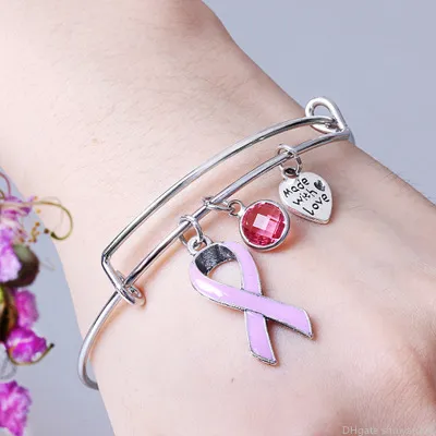 Pink Ribbon Breast Cancer Charm Bracelets Adjustable Love Heart Bracelet Bangle for Women Care Survivor Jewelry Gifts