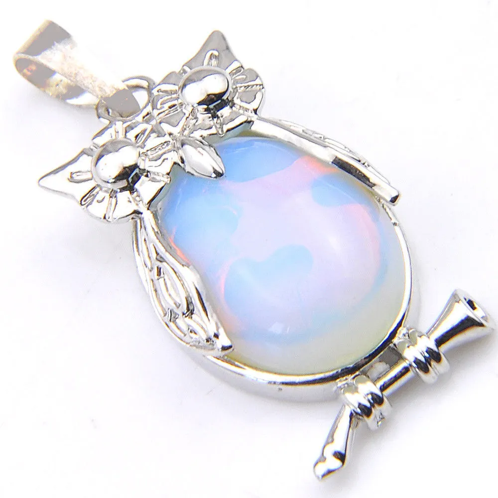 LuckyShine fait à la main énorme ovale arc-en-ciel pierre de lune hibou Design collier pendentifs argent mode femmes collier de mariage pendentif