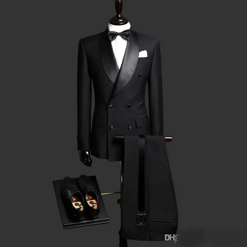 Mens Suits Black Groom Wedding Tuxedos sjal Lapel Slim Fit Brudgum Formell slitage B￤sta m￤n kostym f￶r br￶llopsjacka och byxor