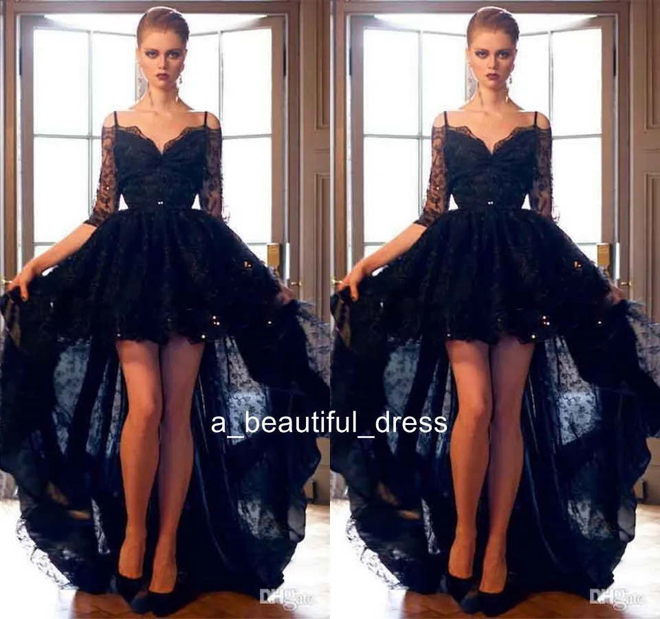 Short Front Long Back Black Lace High Low Prom Dresses With Sequins Mid Sleeves Spaghetti Straps Evening Party Formal Gowns ED1296 From 54 04 DHgate