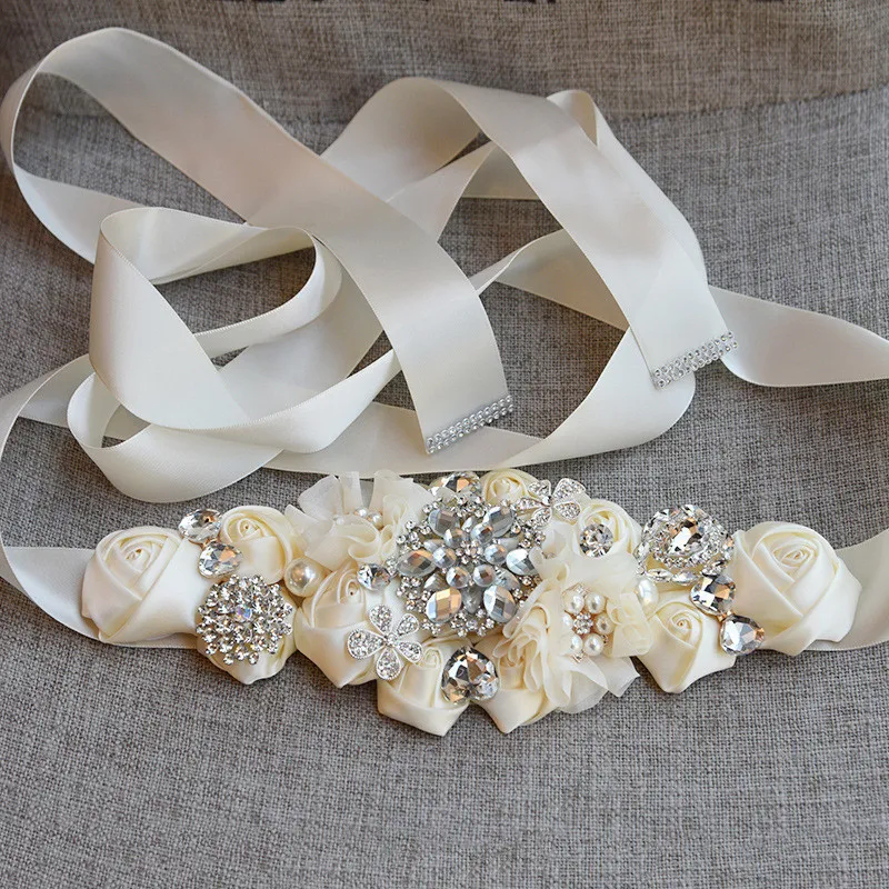 Moda Koronki Kwiaty Ślubne Sashes Floral Bridal Sashes Z Kryształowym Rhinestone Szary Burgundy White Beige Wedding Pas Sznurowanie Styl