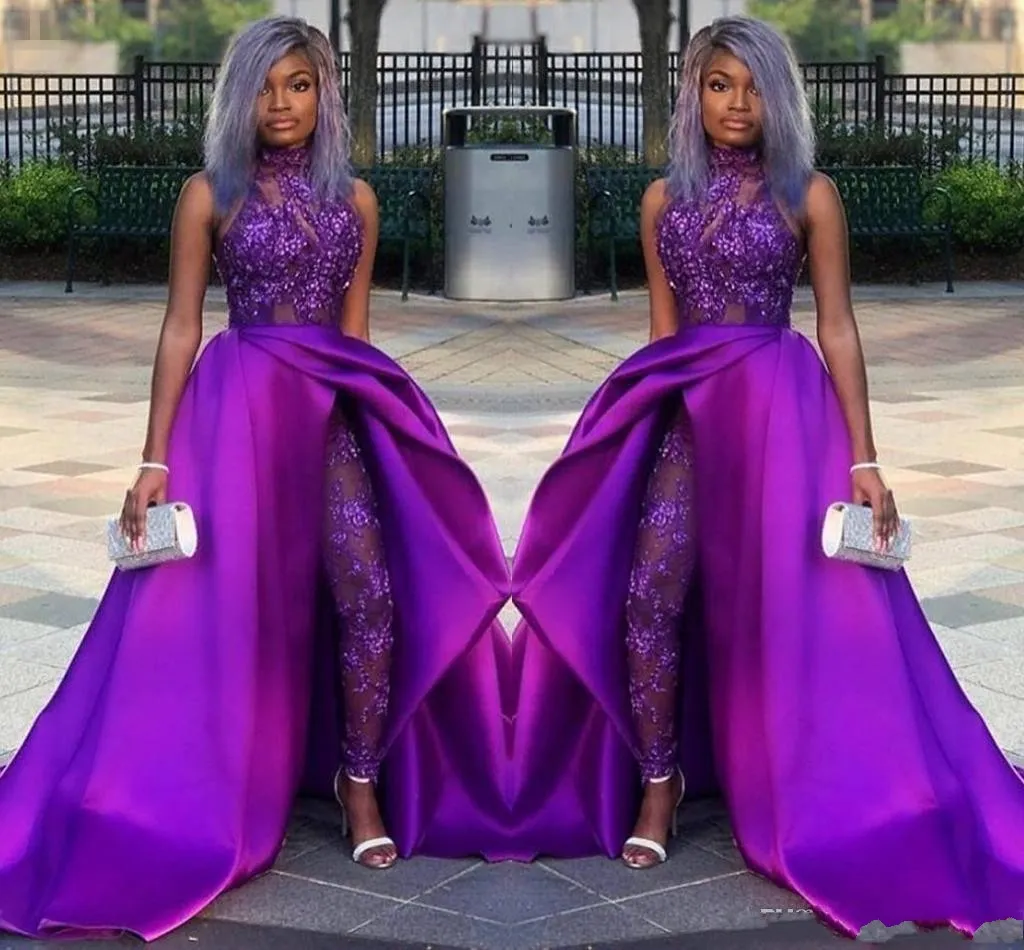 2022 Purple Jumpsuits Sukienki balowe z odłączonym pociągiem wysoko szyi koronkowe koronki z koralikami wieczorami luksusowe afrykańskie sukienki imprezowe