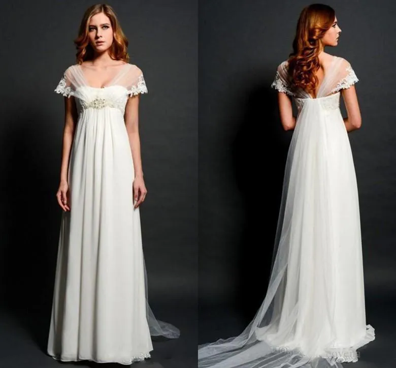 Vintage Empire Waist Wedding Dresses for Pregnant Women V Neck Illusion Back Elegant Beach Bridal Gowns Lace Applique Bride Dress
