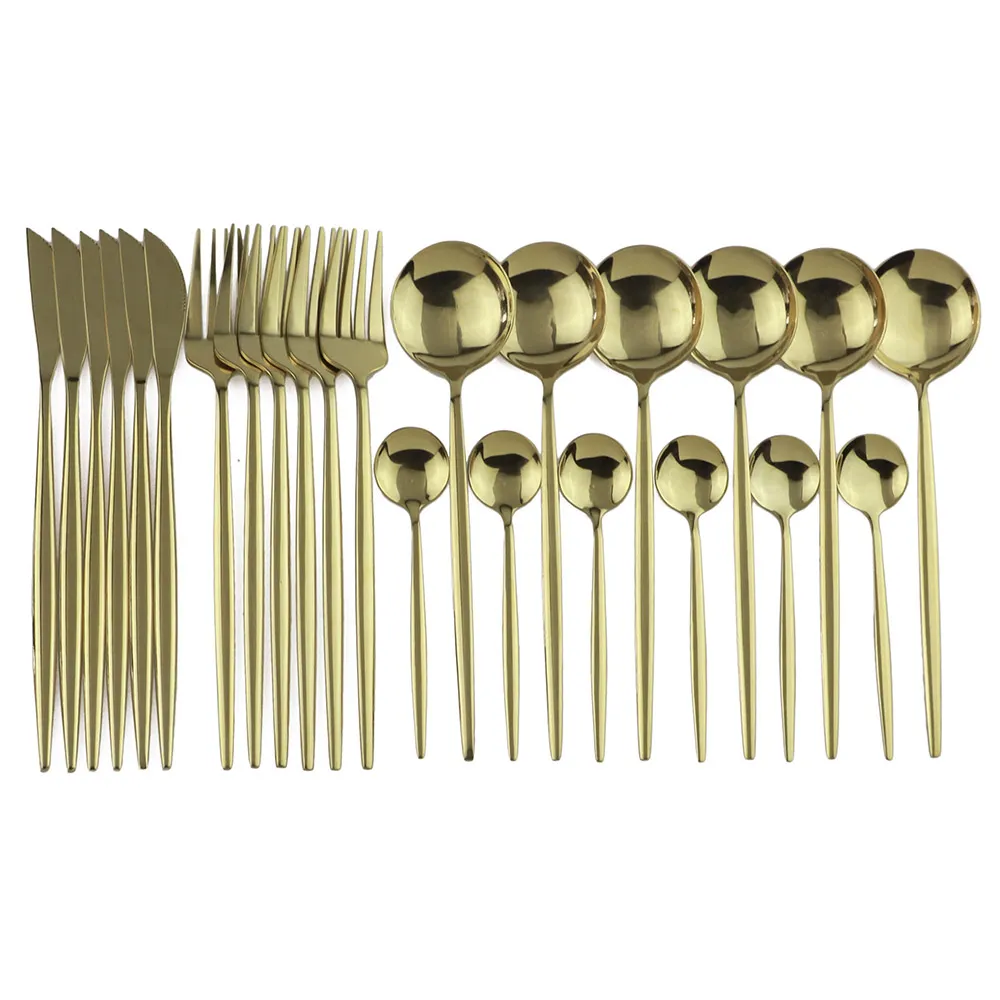 24pcs Champagne Service De Vaisselle En Acier Inoxydable 304 Couverts Arc-En-Miroir Dîner Ensemble Couteau Fourchette Cuillère Cuillère À Café Argenterie Vaisselle Ensemble