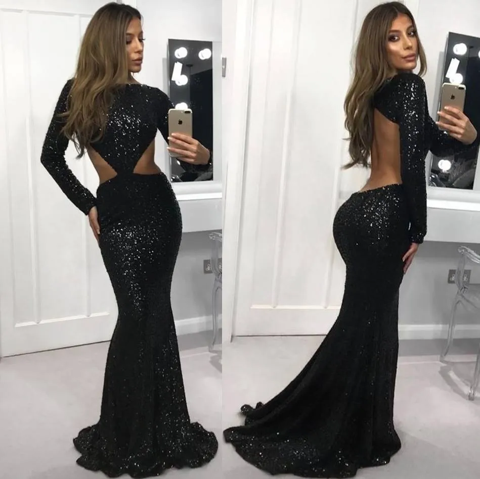 Black Sexy Prom Dresses Sequined Deep Jewel Neck Long Sleeves Floor Length Backless Formal Dresses Evening Gowns vestidos de fiesta