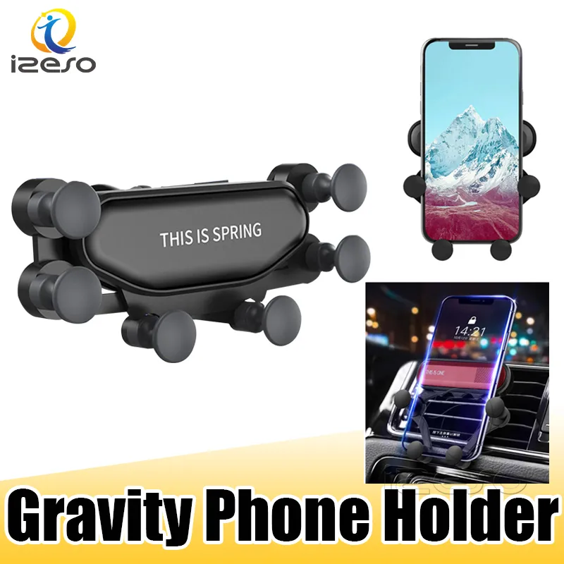 Universal Phone Holder Automatisk Gravity Clamping Grip Billuft Vent telefon Ställ Non-Slip Car Cellphone Mount med Retail Package Izeso