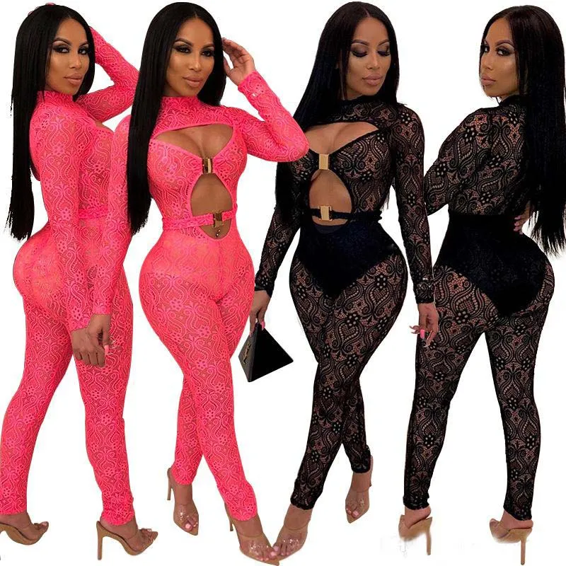 Designer-Frauen-Kleidung 2019 Long Sleeve Sexy Frauen Jumpsuits Pullover mit Stehkragen aushöhlen dünne Body-Frauen-Spitze durchschauen Catsuits