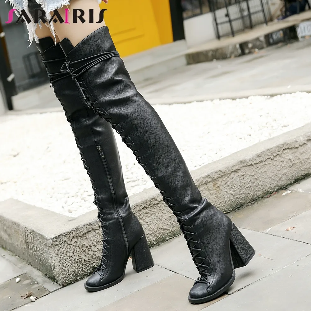 Boots SARAIRIS INS Ladies Cool Black Thigh High Women Heels Cross Tied Over The Knee Motorcycle Shoes Woman