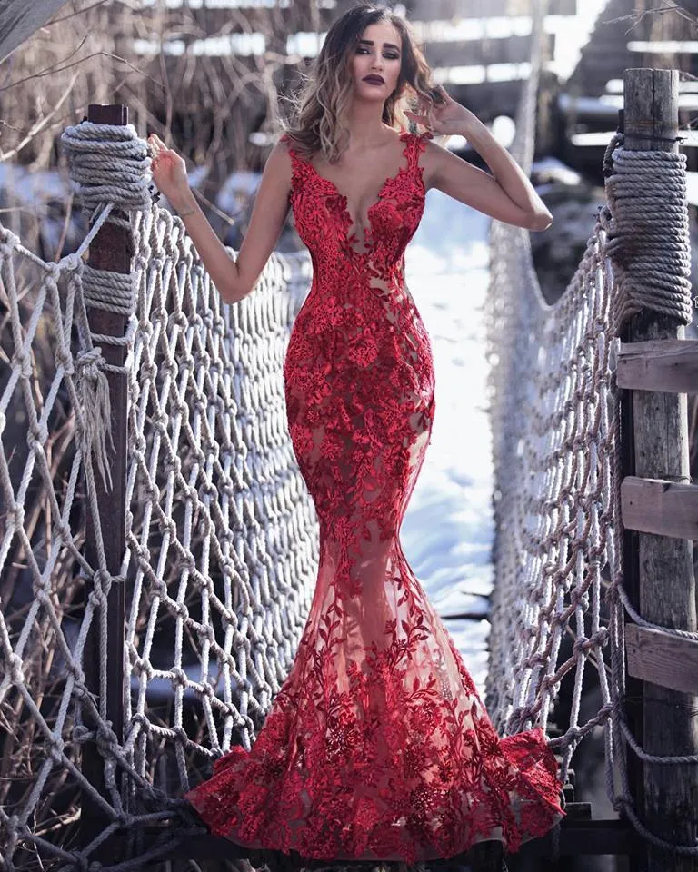 Sky Red Mermaid Evening Gown V Neck, Sleeveless,... From Dresstop, $142.9 |  DHgate.Com