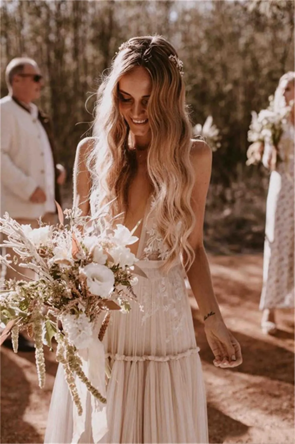 Elegant Deep V Neck Nude Champagne Boho Beach Wedding Dress With