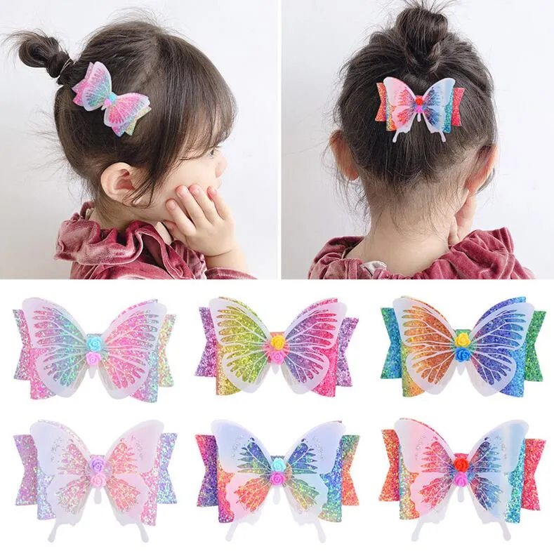 3.5 polegadas Glitter Bow borboleta do cabelo Clipe Grampos para meninas Baby Kids Gradiente arco-íris cor de cabelo Pinos Acessórios Headwear Beach Party D6408