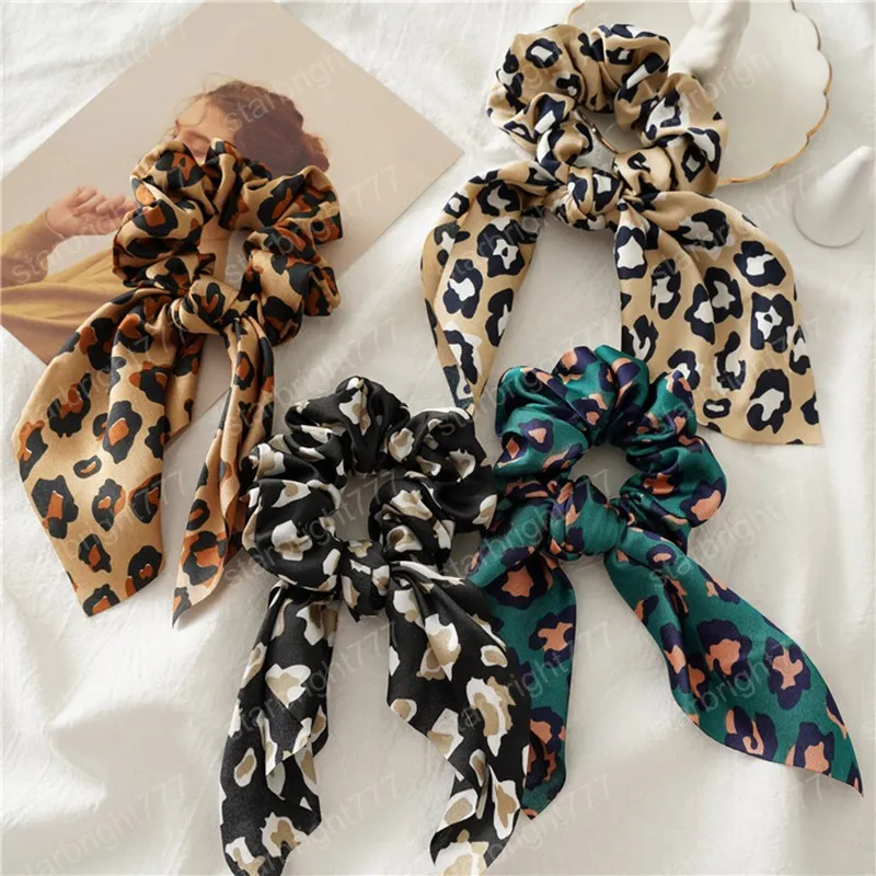 Kawaii Bunny Ears Scrunchies Leopard Rubber Hair Ties Cute Scrunchie Women Elastic Hair Bands Girls Animal Print Ponytail Holder