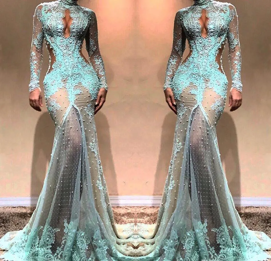 2019 pas cher manches longues dentelle robe de soirée Dubai Illusion corsage vacances femmes portent formelle fête robe de bal sur mesure grande taille