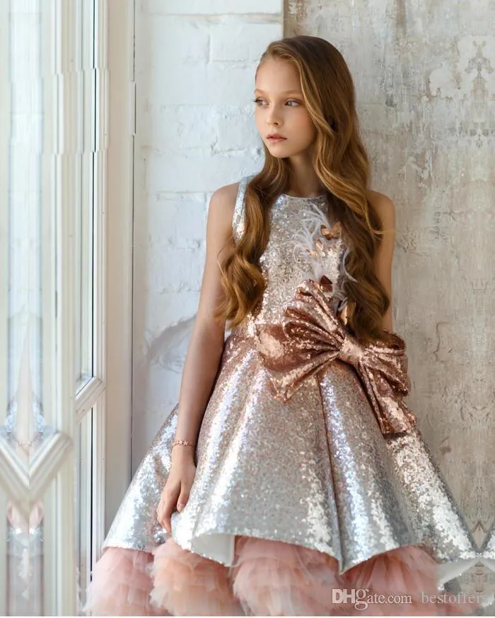 2020 New Princess Sequins Blush Pink Girls Pageant Gowns Tiered